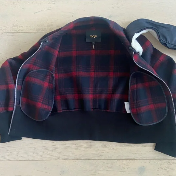 MAJE Bloppane Plaid Wool Blend Bomber Jacket FR38 US6 Red Navy Parisian Chic - Picture 5 of 11